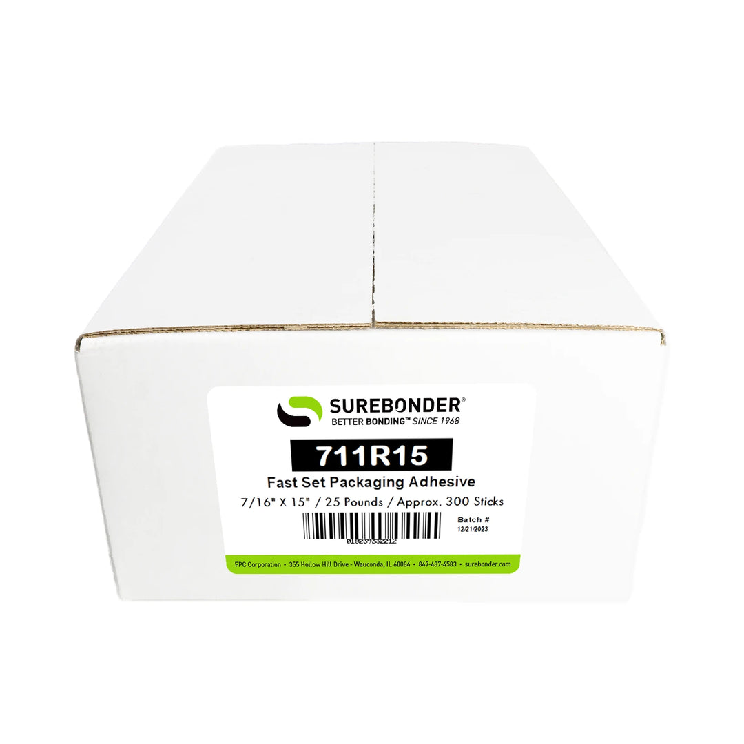 711R15 Fast Set Packaging Hot Melt Glue Sticks - 7/16" x 15" | 25 lb Box