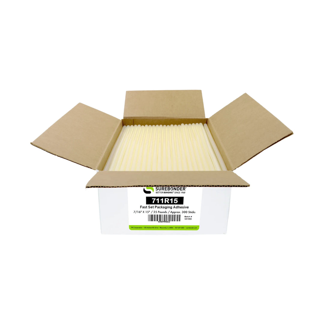 711R15 Fast Set Packaging Hot Melt Glue Sticks - 7/16" x 15" | 25 lb Box