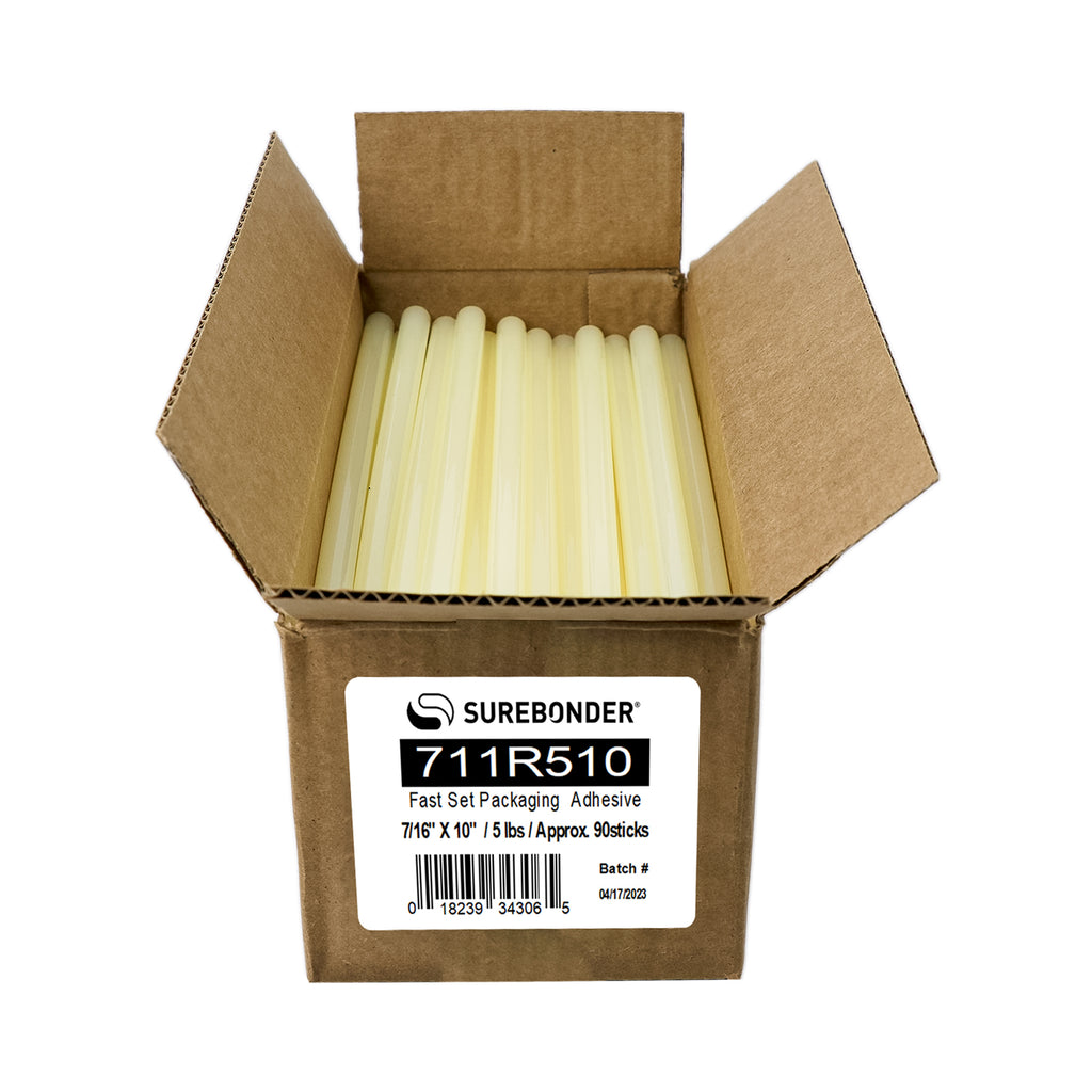 711R510 Fast Set Packaging Hot Melt Glue Sticks - 7/16" x 10" | 5 lb Box