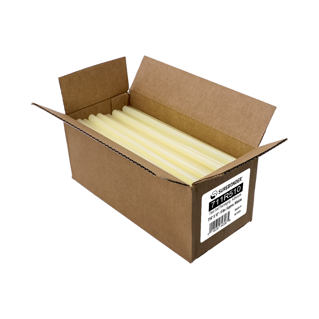 711R510 Fast Set Packaging Hot Melt Glue Sticks - 7/16" x 10" | 5 lb Box