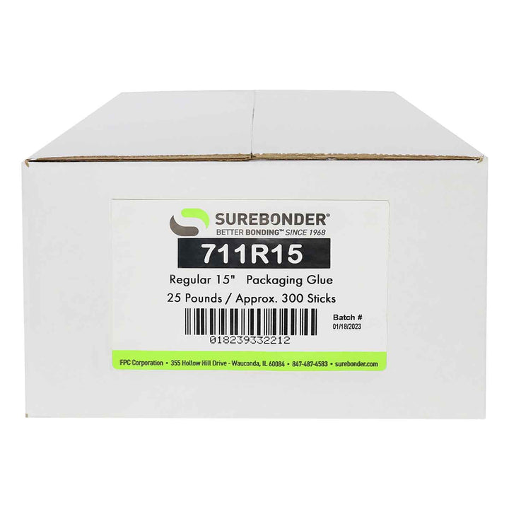 711R15 Fast Set Packaging Hot Melt Glue Sticks - 7/16" x 15" | 25 lb Box - Surebonder
