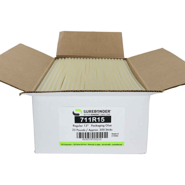 711R15 Fast Set Packaging Hot Melt Glue Sticks - 7/16" x 15" | 25 lb Box