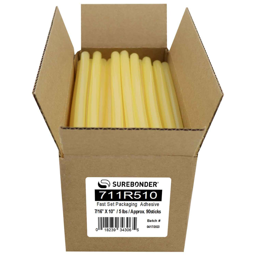 711R510 Fast Set Packaging Hot Melt Glue Sticks - 7/16" x 10" | 5 lb Box