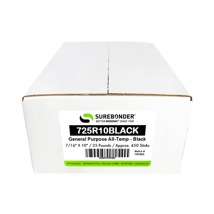 725R10BLACK Full Size 10" Black Color Glue Stick -25 lb Box - Approx. 450 Sticks