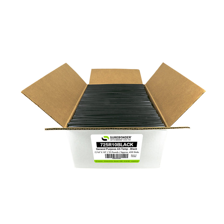 725R10BLACK Full Size 10" Black Color Glue Stick -25 lb Box - Approx. 450 Sticks