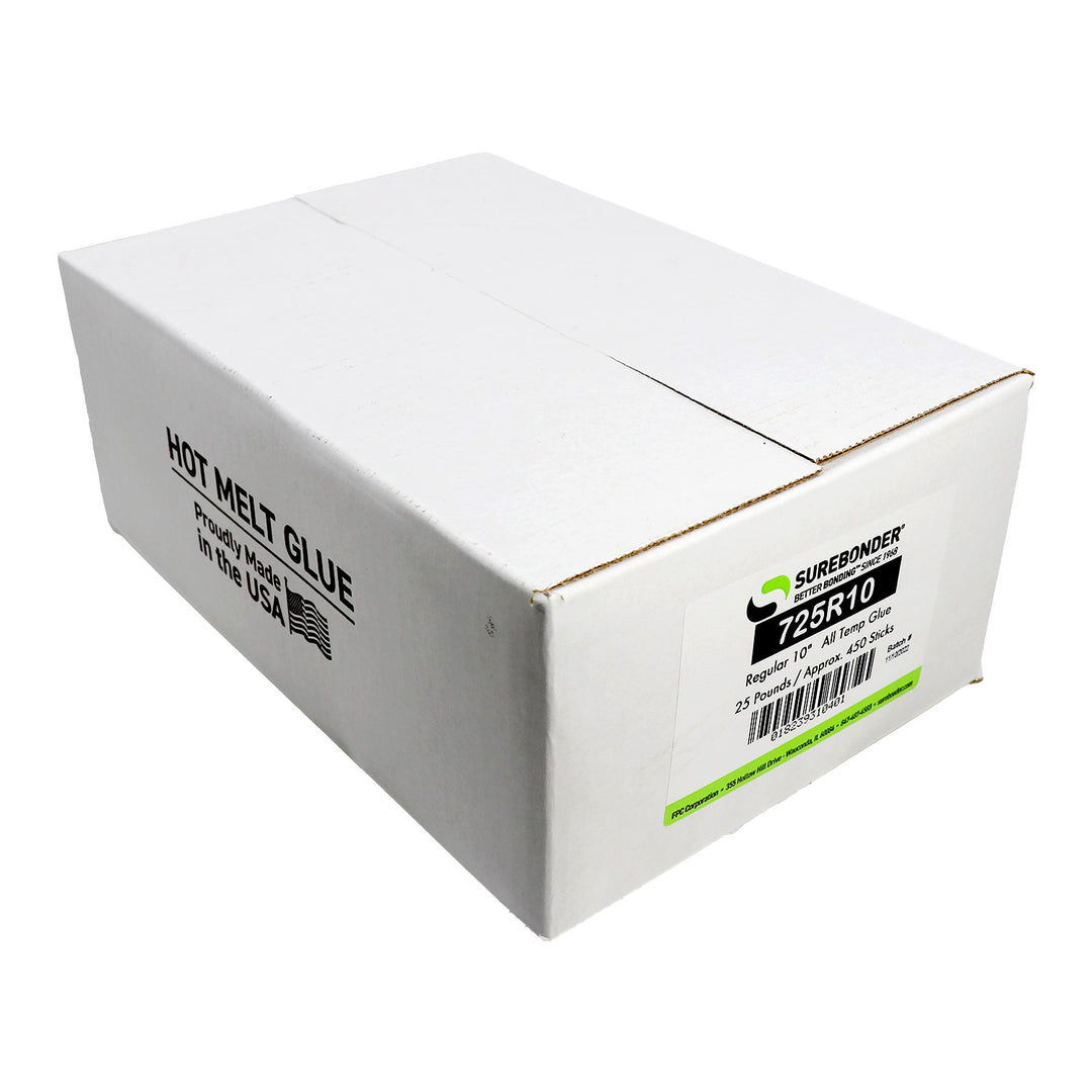 725R10 General Purpose All Temperature Hot Melt Glue Sticks - 7/16" x 10"  | 25 Lb Box - Surebonder