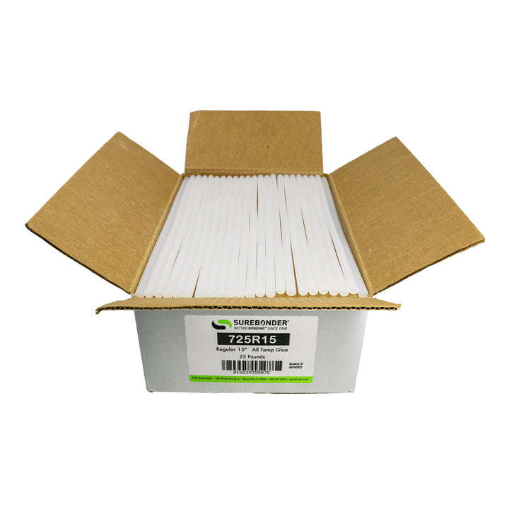 725R15 General Purpose All Temperature Hot Melt Glue Sticks - 7/16" x 15" | 25 Lb Box