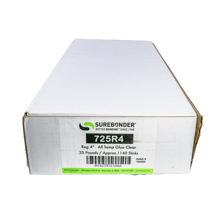725R4 General Purpose All Temperature Hot Melt Glue Sticks - 7/16" x 4" | 25 Lb Box - Surebonder