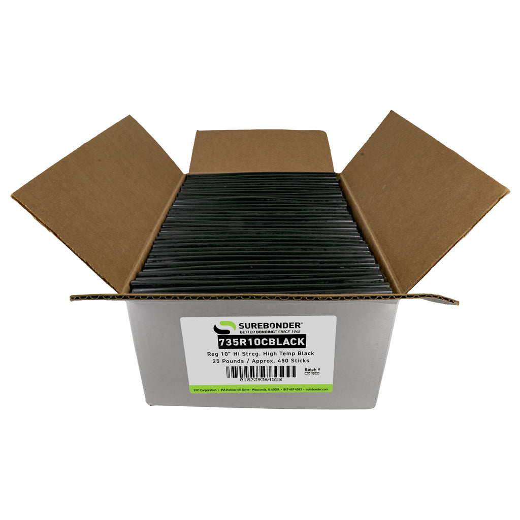 735R10CBLACK High Strength Hot Melt Glue Sticks 7/16" x 10" | 25 Lb Box