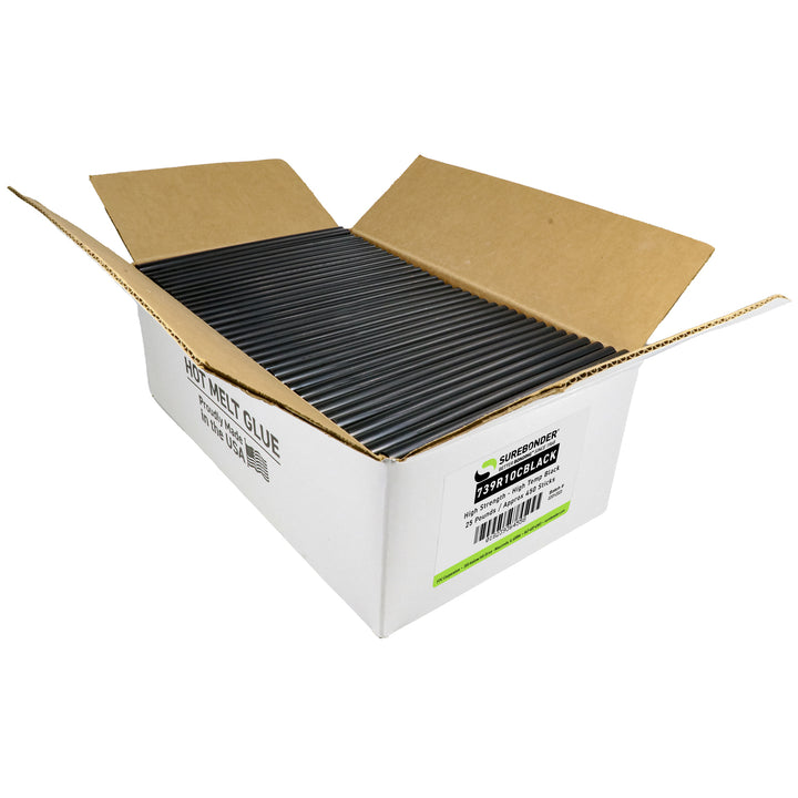 739R10CBlack Full Size 10" Wood Adhesive Black Hot Glue Sticks - 25 lb Box - Surebonder