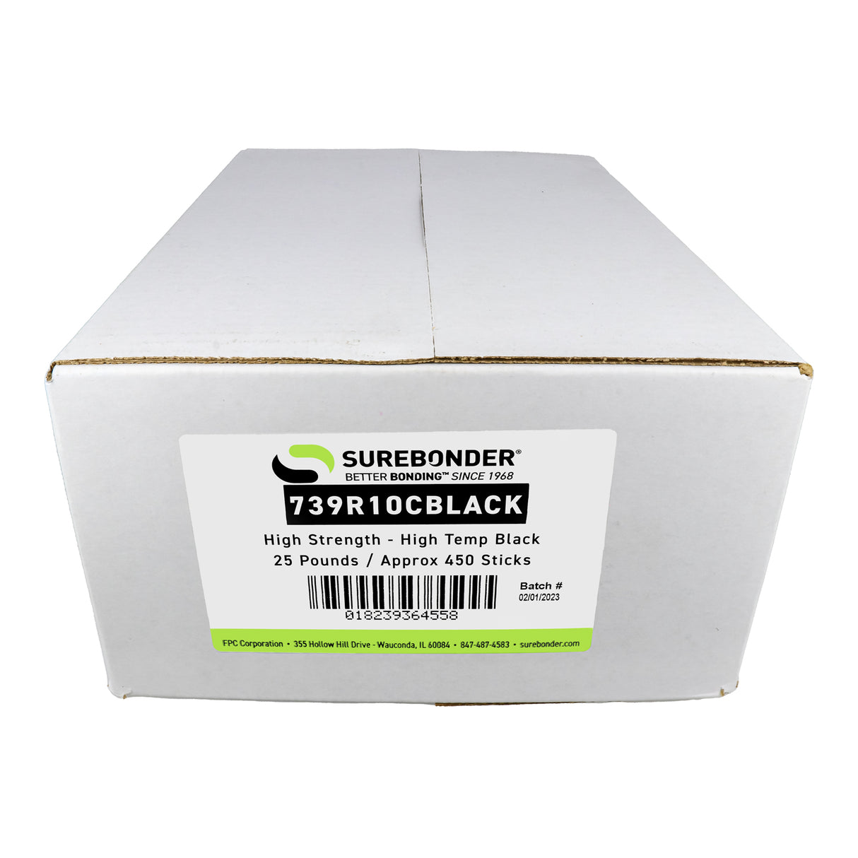 739R10CBlack High Strength Wood Hot Melt Glue Sticks - 7/16" x 10" | 25 Lb Box - Surebonder