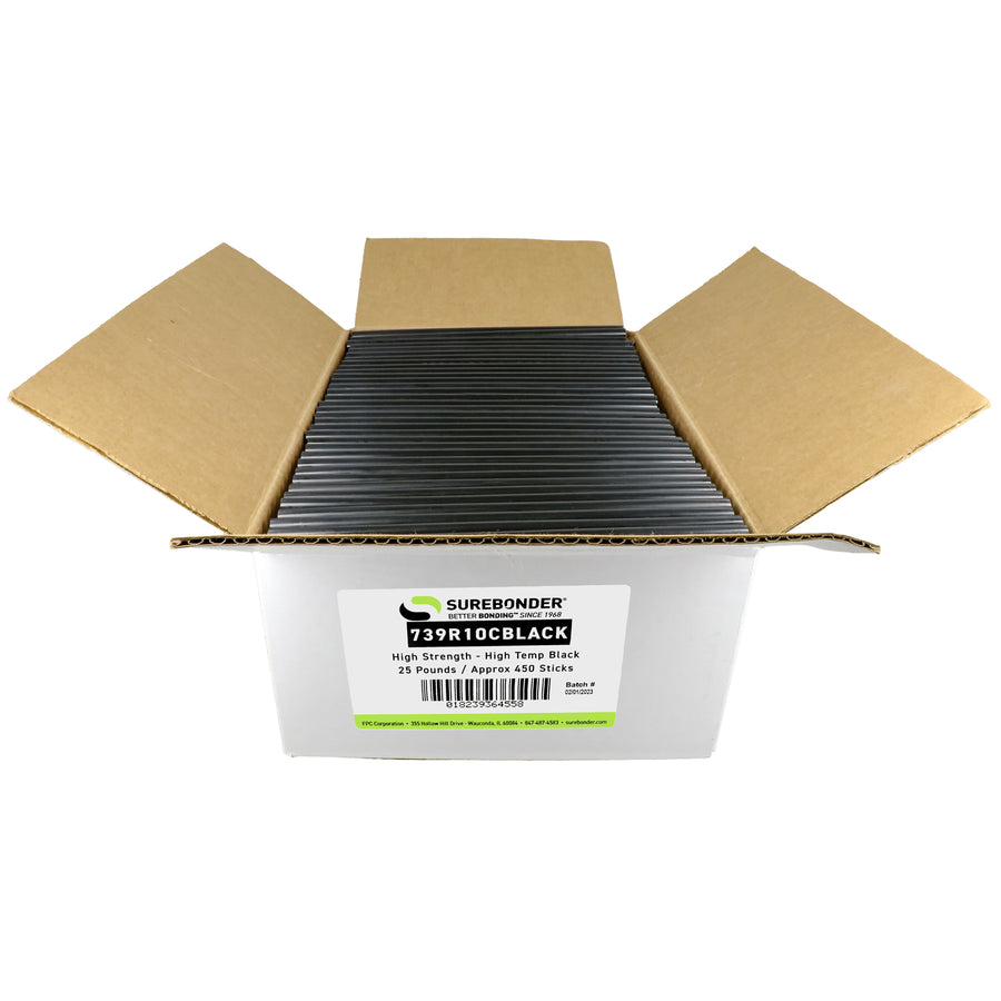739R10CBlack Full Size 10" Wood Adhesive Black Hot Glue Sticks - 25 lb Box