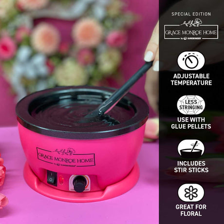 Surebonder Grace Monroe Home pink glue skillet with black stir sticks stirring melted glue with features listed