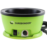 Surebonder's electric hot glue skillet, shaped like a bowl, is 5-1/4 inches in diameter with adjustable temperature knob