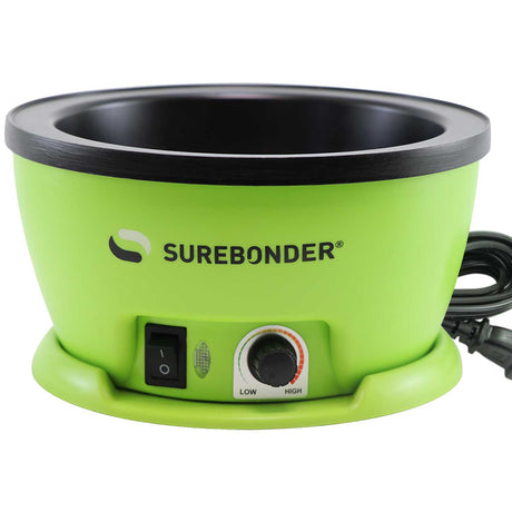 Surebonder's electric hot glue skillet, shaped like a bowl, is 5-1/4 inches in diameter with adjustable temperature knob