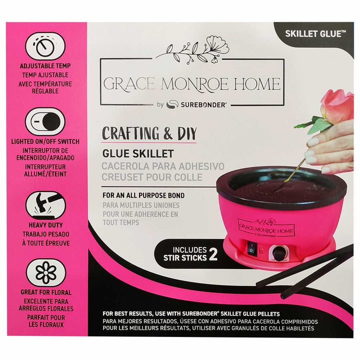 Glue Skillet features an adjustable temperature knob and lighted on/off switch, and two Surebonder stir sticks. Heavy duty Surebonder hot glue skillet which is great for floral applicatoins.