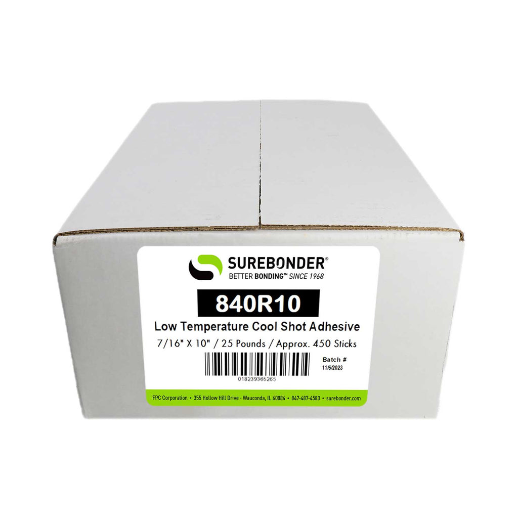 840R10 Ultra Low Temperature Cool Shot Hot Melt Glue Sticks - 7/16" x 10" | 25 lb Box