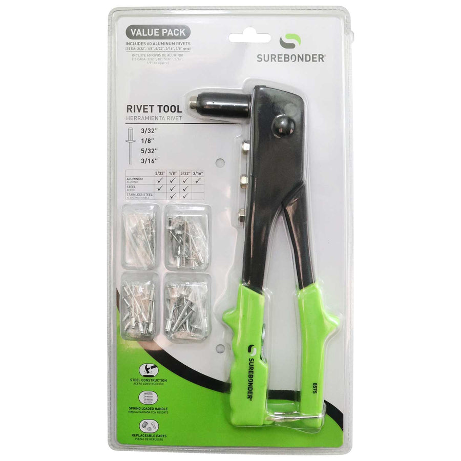 Surebonder heavy duty rivet tool kit includes 60 aluminum rivets, green handle, slim nose design