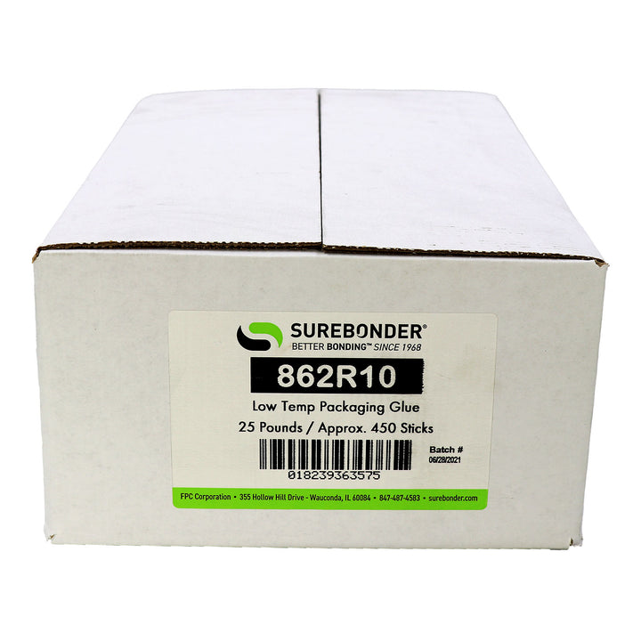 862R10 Low Temperature Packaging Hot Melt Glue Sticks - 7/16" x 10" | 25 Lb Box - Surebonder