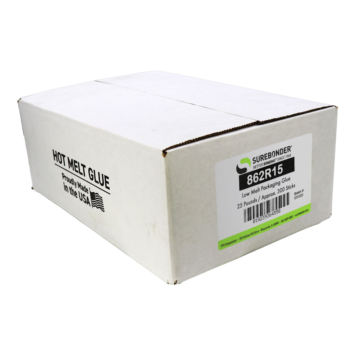 862R15 Low Temperature Packaging Hot Melt Glue Sticks - 7/16" x 15" | 25 Lb Box - Surebonder