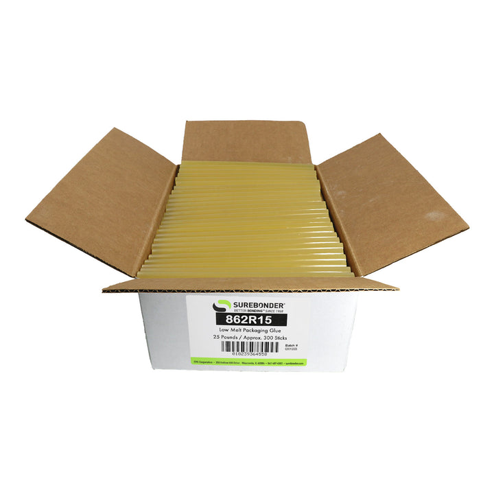 862R15 Low Temperature Packaging Hot Melt Glue Sticks - 7/16" x 15" | 25 Lb Box