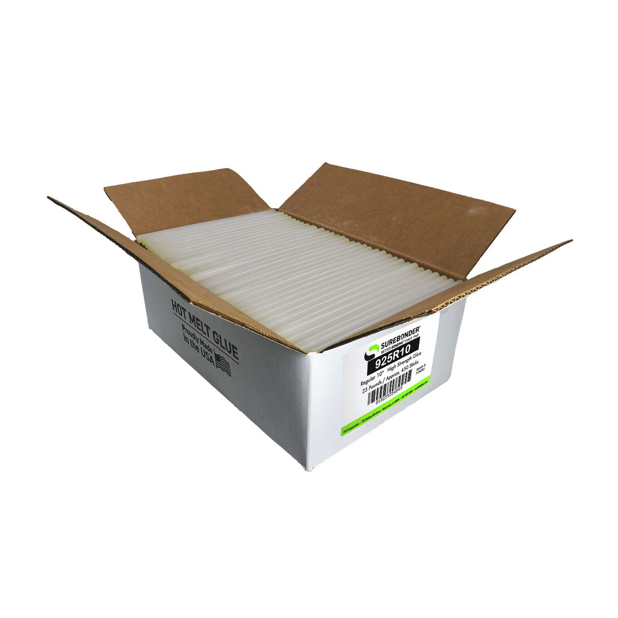 925R10 High Performance 1Minute Open Time Acrylic Hot Melt Glue Sticks - 7/16" x 10" | 25 Lb Box - Surebonder