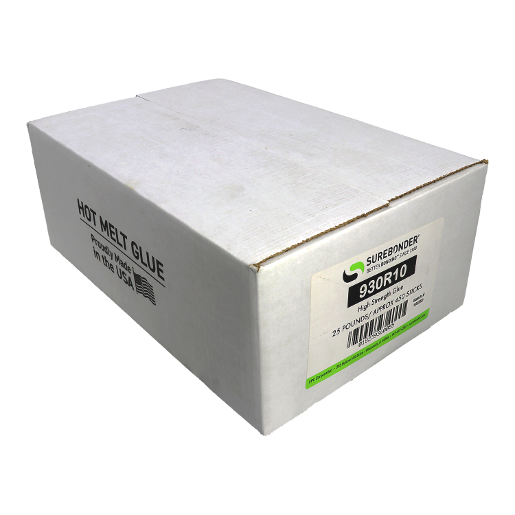 930R10 Full Size 10" 3 Min. Construction Adhesive Hot Glue Stick - 25 lb Box - Surebonder