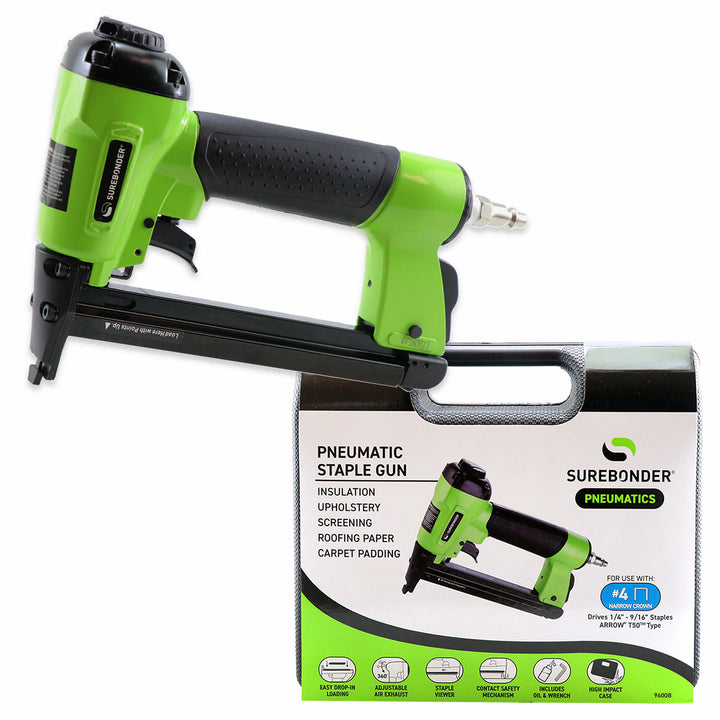 Surebonder pneumatic heavy duty standard T-50 type stapler in green, cushioned grip, 4-piece kit including case, Allen wrench and oil.