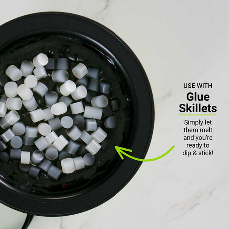 glue pellets melting in heated glue skillet