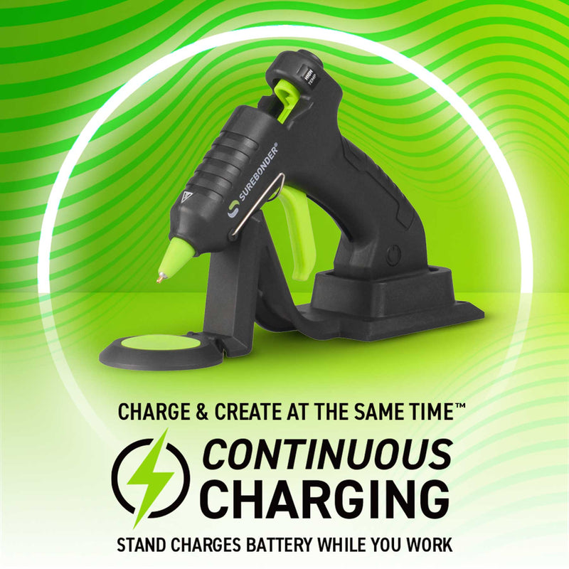 New Surebonder black and green hot glue gun with continuous charging text on green background