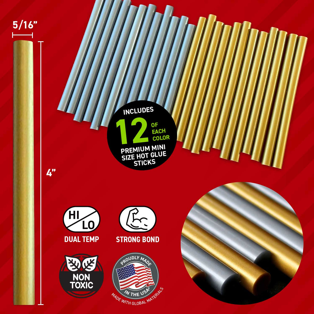 Gold and silver mini size glue sticks on a red background with product details.
