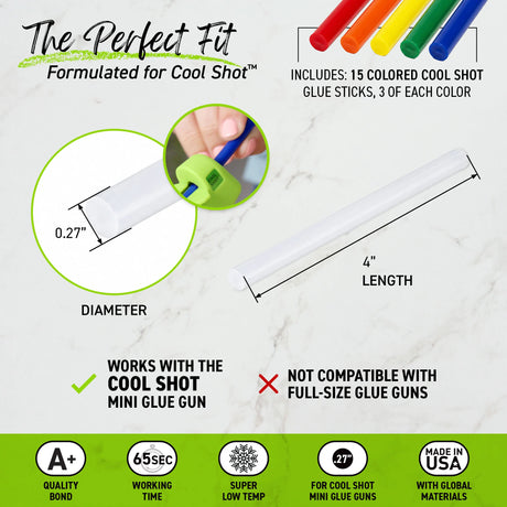 Cool Shot 4" Mini Size Color Hot Glue Sticks - 15 pack