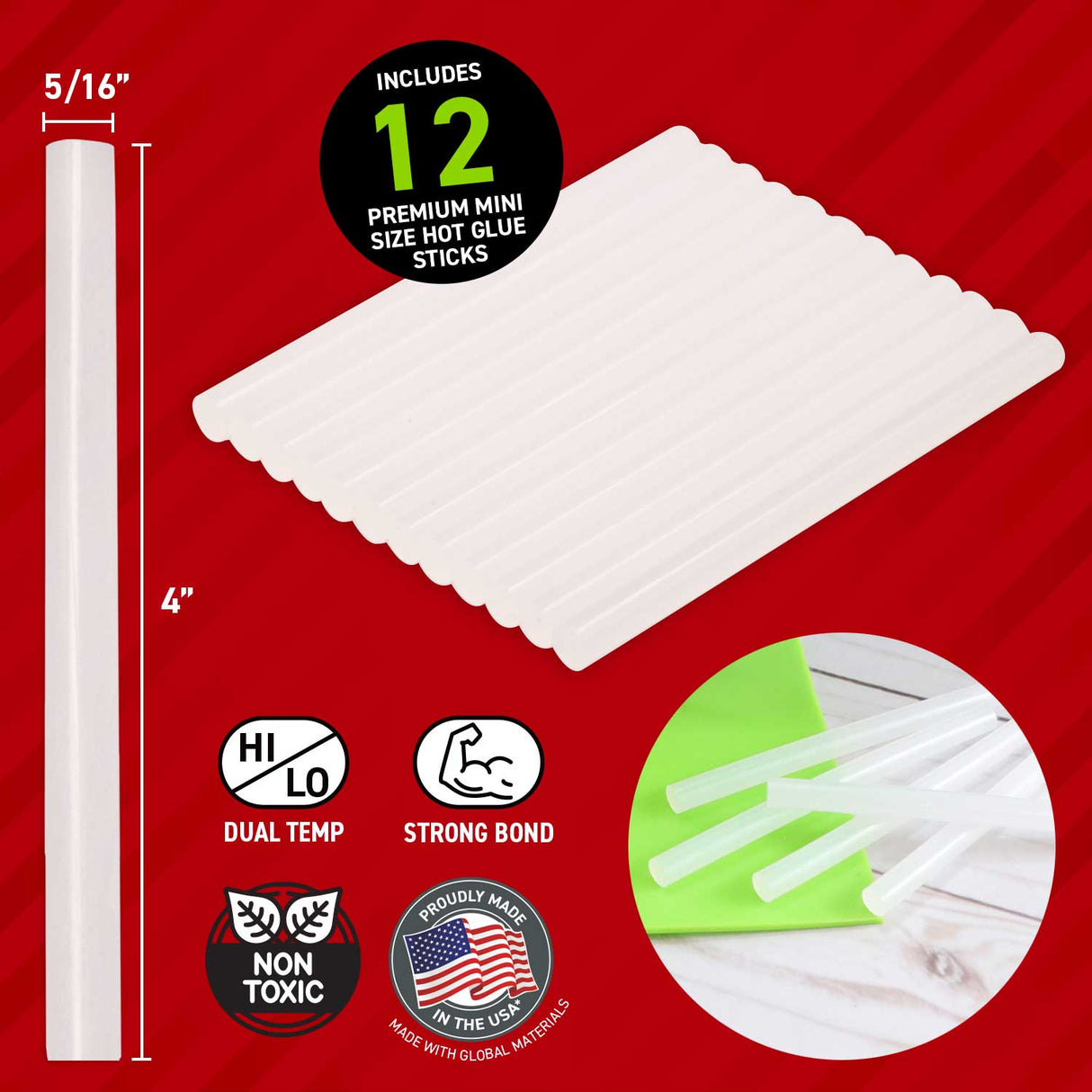 Hot glue sticks packaging with dimensions, quantity, and features on a red background