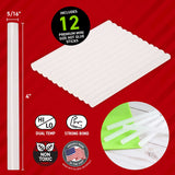 Hot glue sticks packaging with dimensions, quantity, and features on a red background