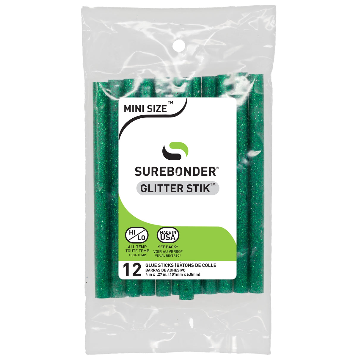 Glitter Stik 4" Mini Size Green Glitter Hot Glue Sticks - 12 Pack