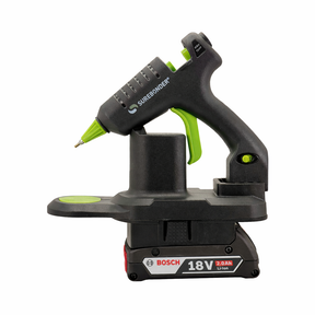 Surebonder cordless mini hot glue gun powered by a Bosch 18V lithium-ion battery.