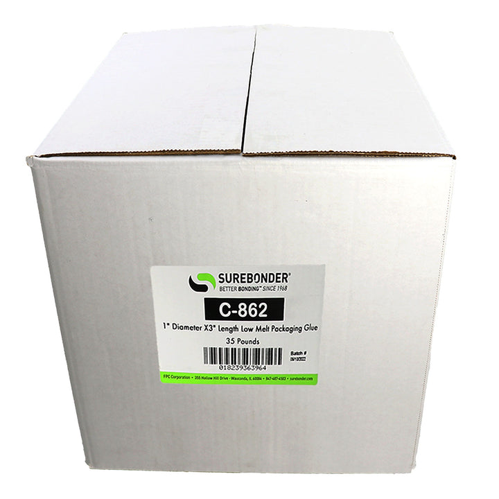 C-862 Low Temperature Packaging Hot Melt Glue Sticks - 1" x 3" | 35 Lb Box - Surebonder
