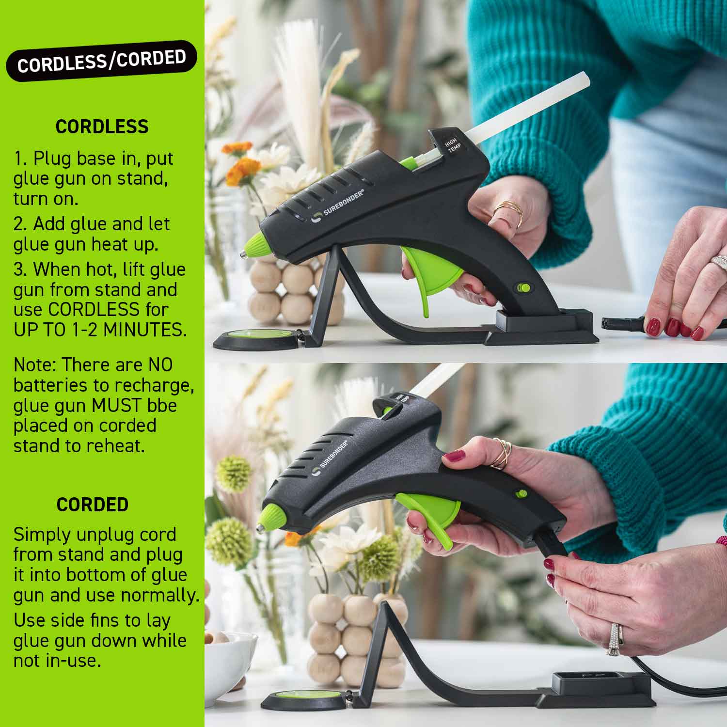 60W High Temp Full Size Cordless/Corded Hot Glue Gun for Crafts