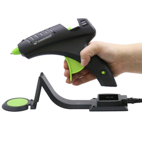 Surebonder's 60-watt full size cordless high temp glue gun, resting on heating stand with glue pad, Specialty Series CL-800F