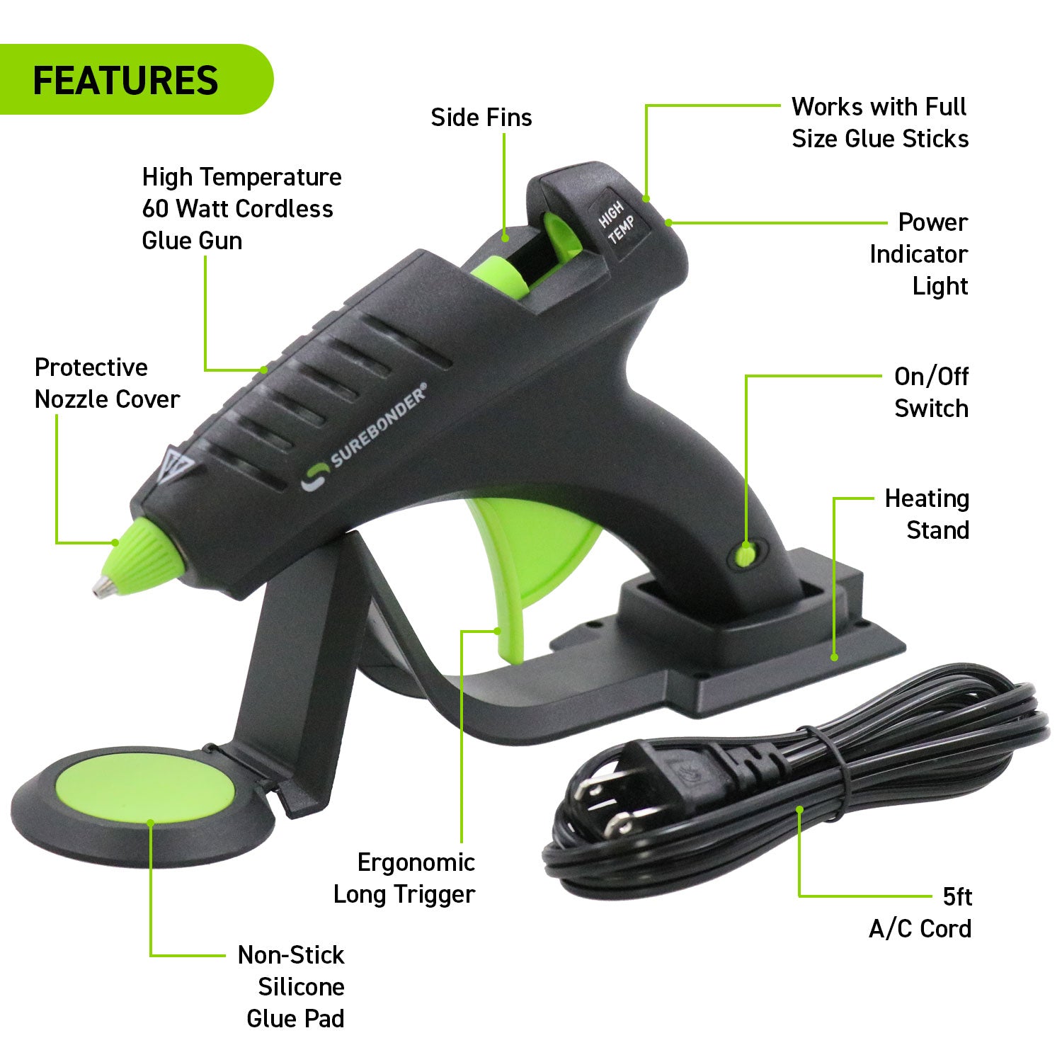 60W High Temp Full Size Cordless/Corded Hot Glue Gun for Crafts