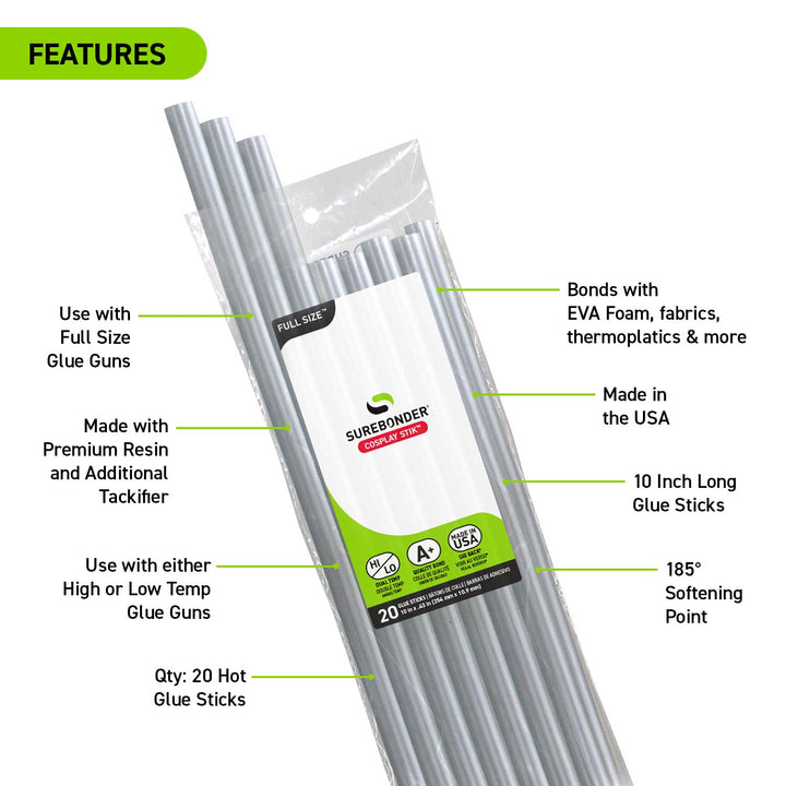 Cosplay Silver Hot Glue Sticks For High & Low Temperatures, Full Size 10" - 20 Pack - Surebonder