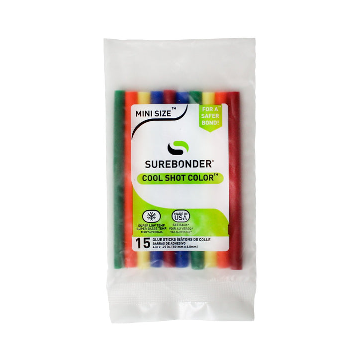 Surebonder mini cool shot color hot glue sticks for ultra low temperature, 4 inches long, 15 pack, Made in USA