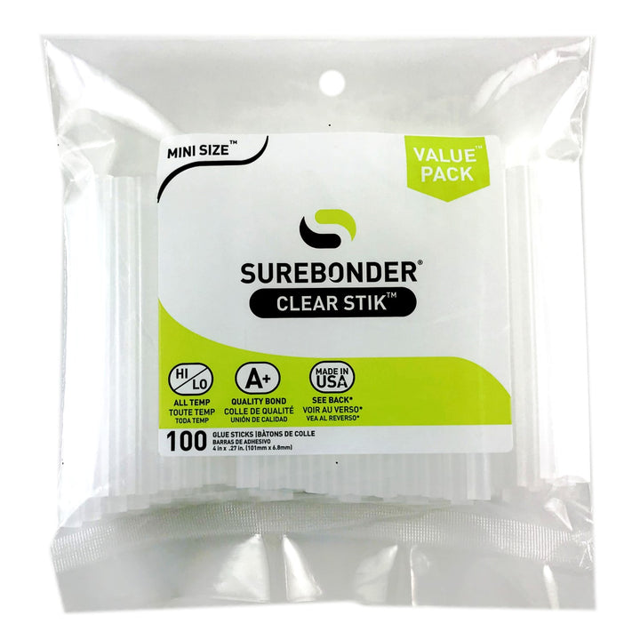 Surebonder clear mini hot glue sticks, 4 inches long, 5/16 inches diameter, 100 pack, Made in USA