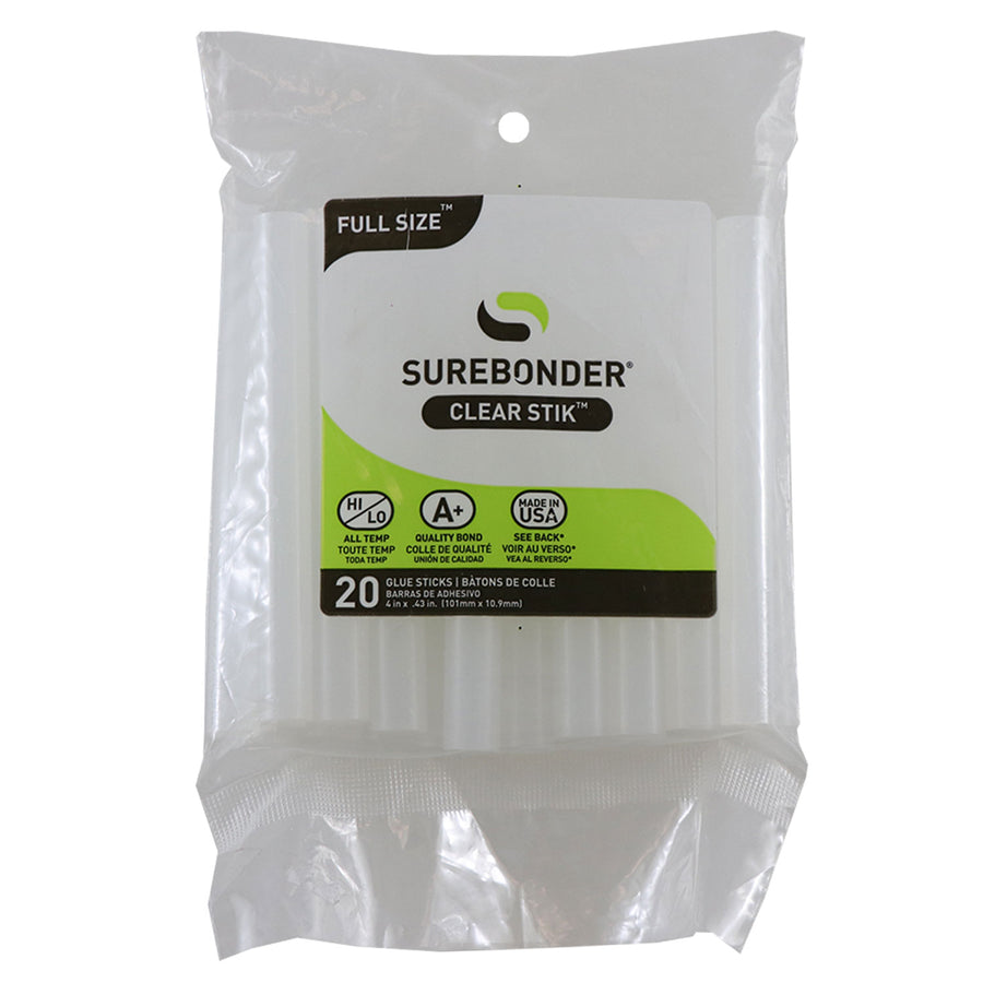 Surebonder clear full size hot glue sticks, 4 inches long, 7/16 inches diameter, 20 pack, Made in USA