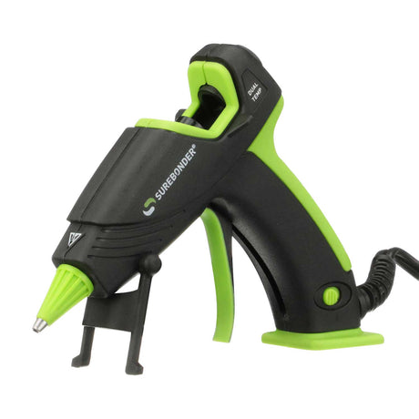 Surebonder's 20-watt dual temperature, mini hot glue gun with auto shut off, resting on a stand, Ultra Series DT-320F