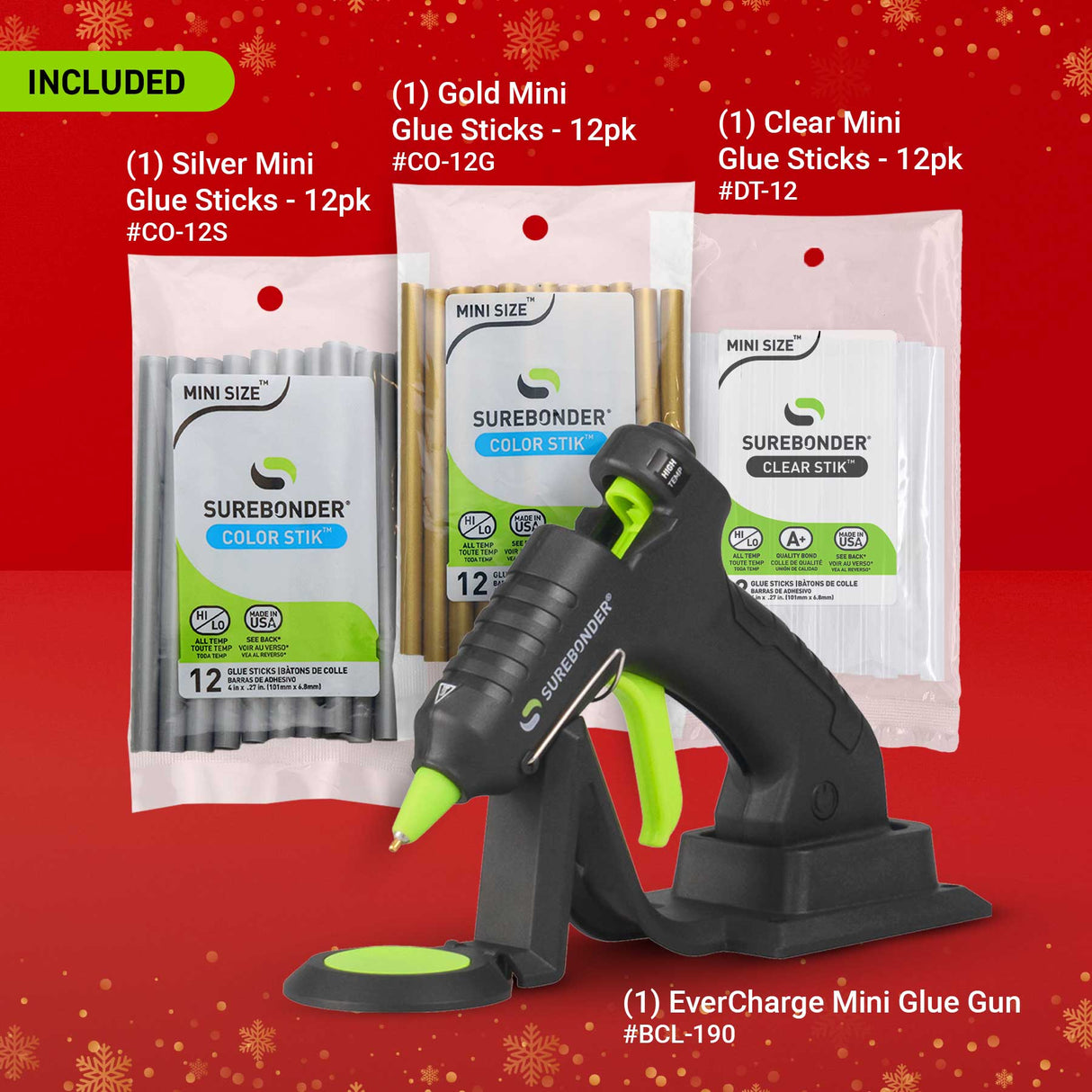 Surebonder glue gun and glue sticks on a red background