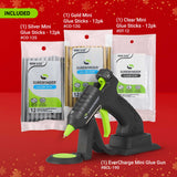 Surebonder glue gun and glue sticks on a red background