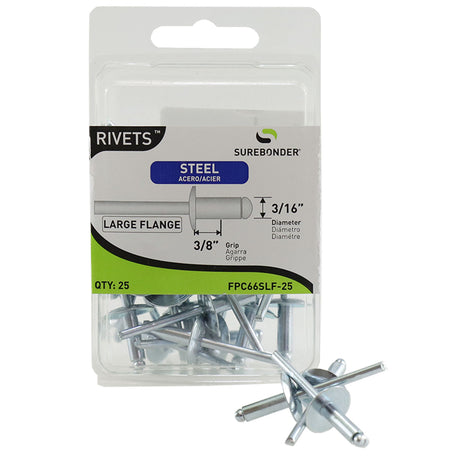 FPC66SLF-25 Large Flange Short Steel Rivets - 3/16" Diameter, 3/8" Grip - 25 Count