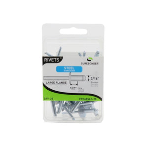 FPC68SLF-25 Large Flange Short Steel Rivets - 3/16" Diameter, 1/2" Grip - 25 Count