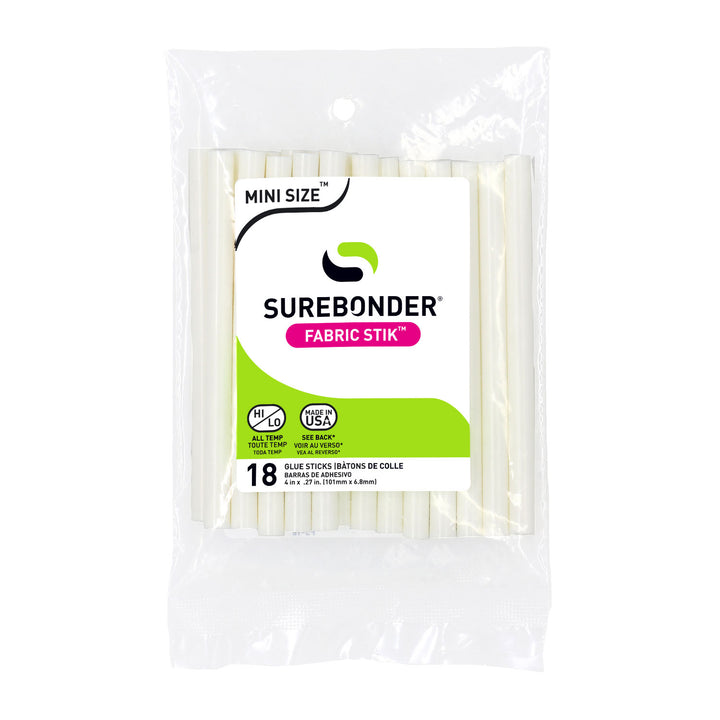 Surebonder clear mini size hot glue sticks for fabric, 4 inches long, use with all temperatures, Made in USA, 18 pack